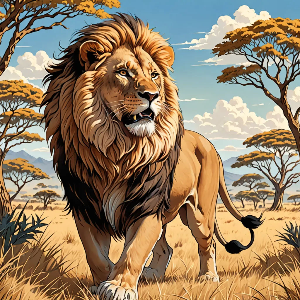 a lion walking through a field of grass and trees with clouds in the background and a blue sky with white clouds, fantasy art, an airbrush painting, Chris LaBrooy, highly detailed digital painting