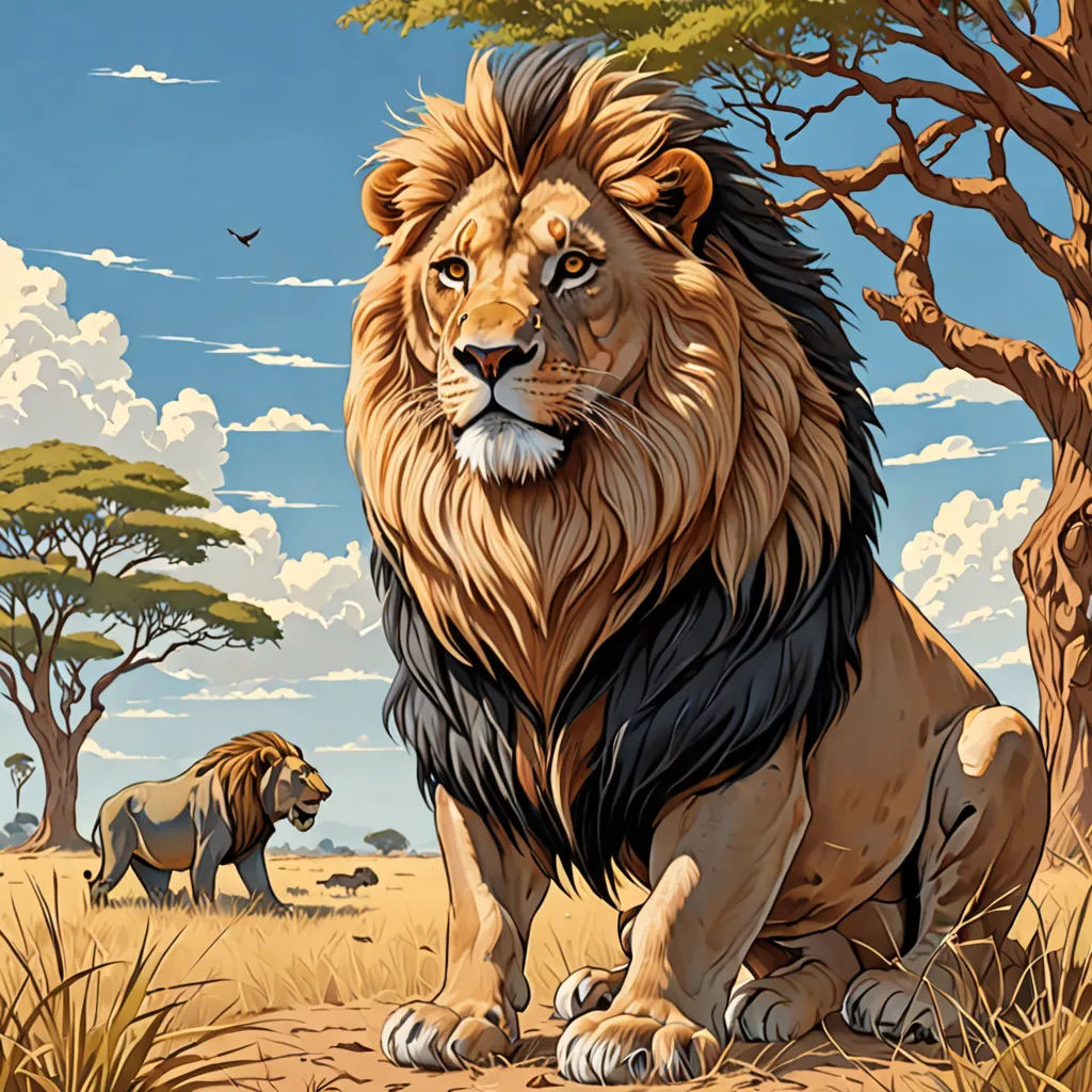 a lion and a lioness in a field with trees and clouds in the background, with a blue sky and clouds, fantastic realism, an airbrush painting, Chris LaBrooy, highly detailed digital painting
