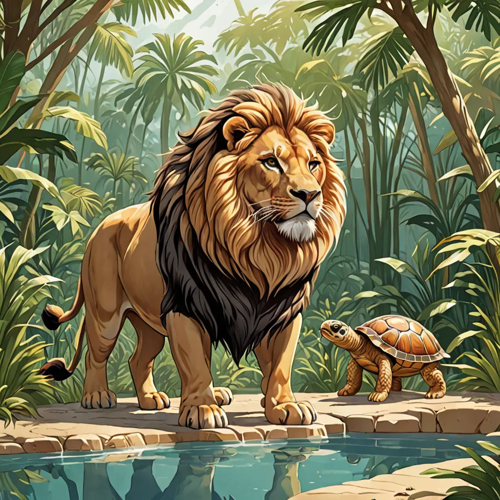 a lion and a turtle are standing in the jungle by a pond of water and trees, with a jungle background, sots art, a storybook illustration, Chris LaBrooy, official art