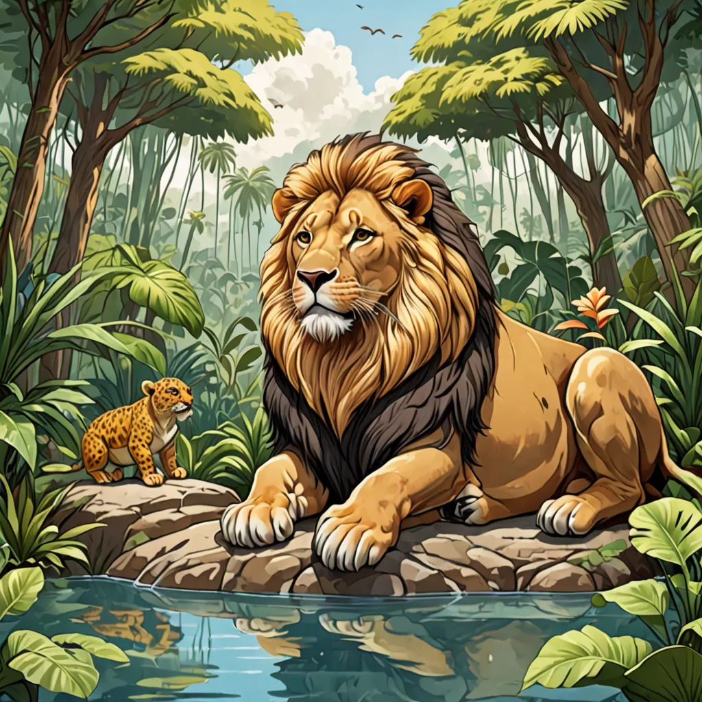 a lion and a leopard sitting on a rock in the jungle by a river with a leopard nearby on a sunny day, fantasy art, a storybook illustration, Chris LaBrooy, jungle