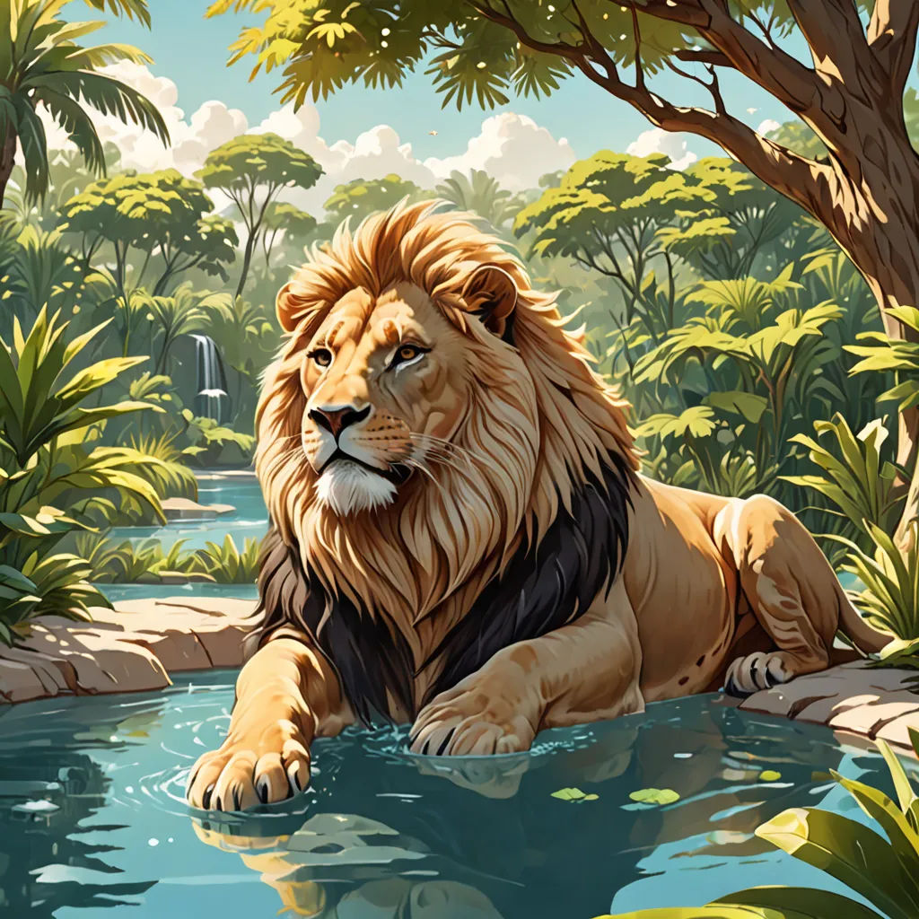 a lion is sitting in the water near a tree and bushes and a waterfall with a waterfall in the background, fantasy art, a detailed matte painting, Chris LaBrooy, highly detailed digital painting