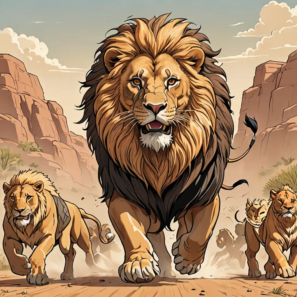 a lion is running through the desert with other lions behind him and a mountain in the background with clouds, furry art, a comic book panel, Chris LaBrooy, official art