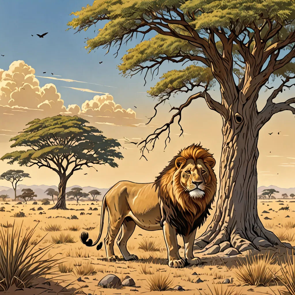 a lion standing in front of a tree in a desert landscape with birds flying overhead and a bird in the sky, fantasy art, an airbrush painting, Chris LaBrooy, highly detailed digital painting