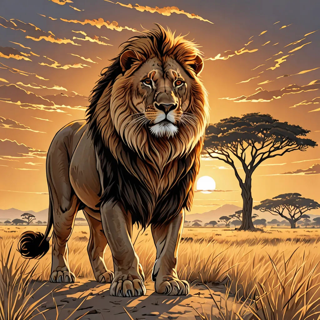 a lion standing in a field with a sunset in the background and trees in the foreground, with a sky with clouds and a few clouds, sumatraism, a digital rendering, Chris LaBrooy, majestic