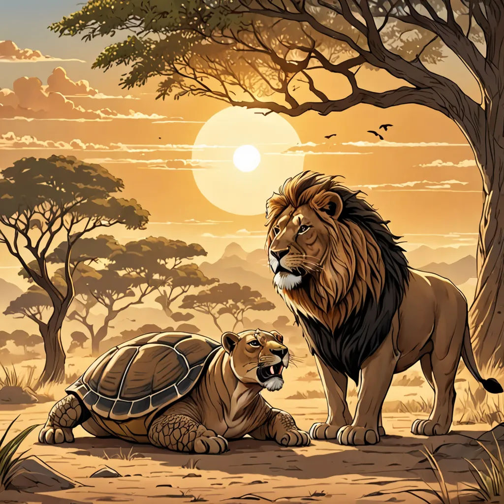 a lion and a turtle are sitting in the desert at sunset with a tree in the background and a sun setting, fantasy art, a storybook illustration, Dan Mumford, official art