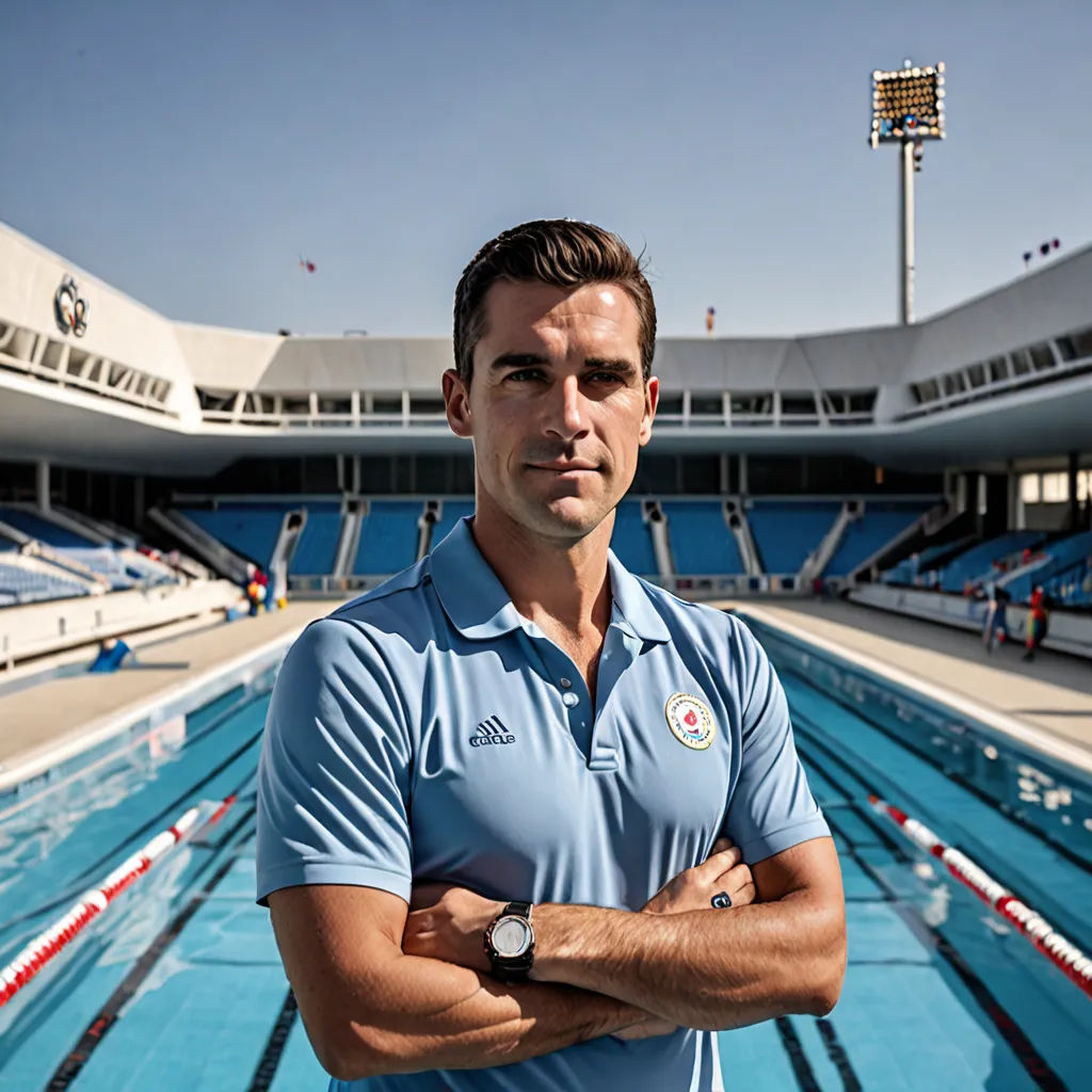 a man standing in front of a swimming pool with his arms crossed and his arms crossed in front of him, new objectivity, a character portrait, Edo Murtić, mariusz lewandowski