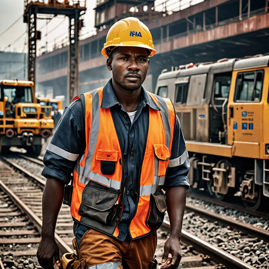 a man in a hard hat and safety vest walking on train tracks with other trains in the background and a train on the track, les automatistes, a stock photo, Ben Enwonwu, behance hd