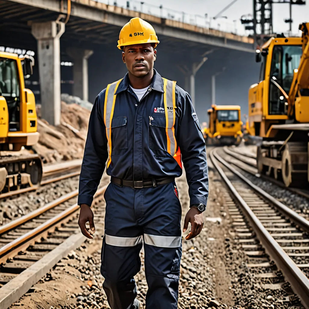 a man in a hard hat and overalls walking on train tracks with construction equipment in the background and a bridge in the background, dau-al-set, a stock photo, Bruce Onobrakpeya, promotional image