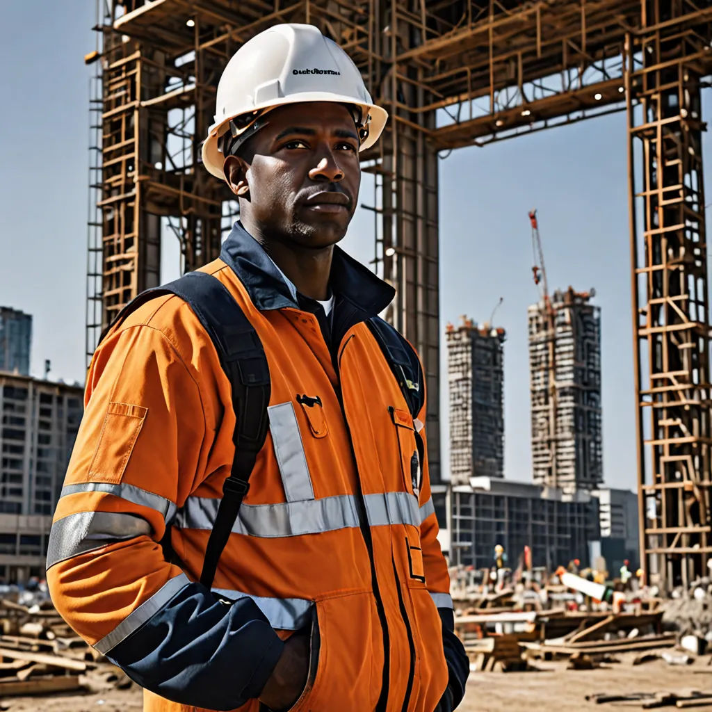 a man in an orange jacket and hard hat standing in front of a construction site with a crane in the background, constructivism, a stock photo, Bruce Onobrakpeya, turnaround
