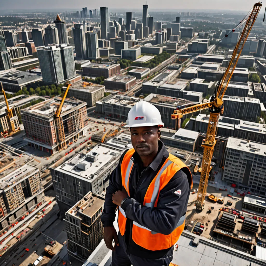 a construction worker standing on top of a building under construction in a city with cranes in the background and a cityscape in the foreground, constructivism, a digital rendering, Arie Smit, zenith view