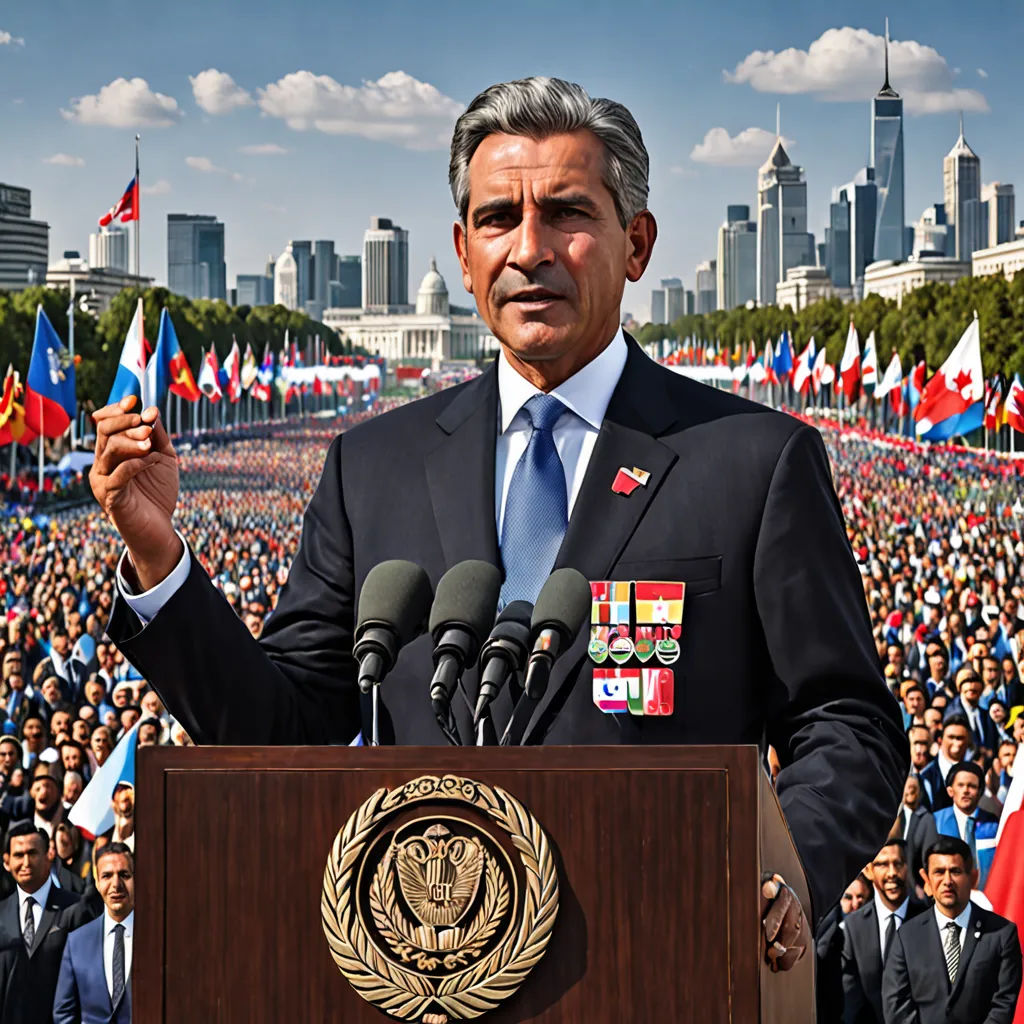 a man in a suit and tie standing at a podium with microphones in front of a crowd of people, socialist realism, a matte painting, Chris LaBrooy, vfx
