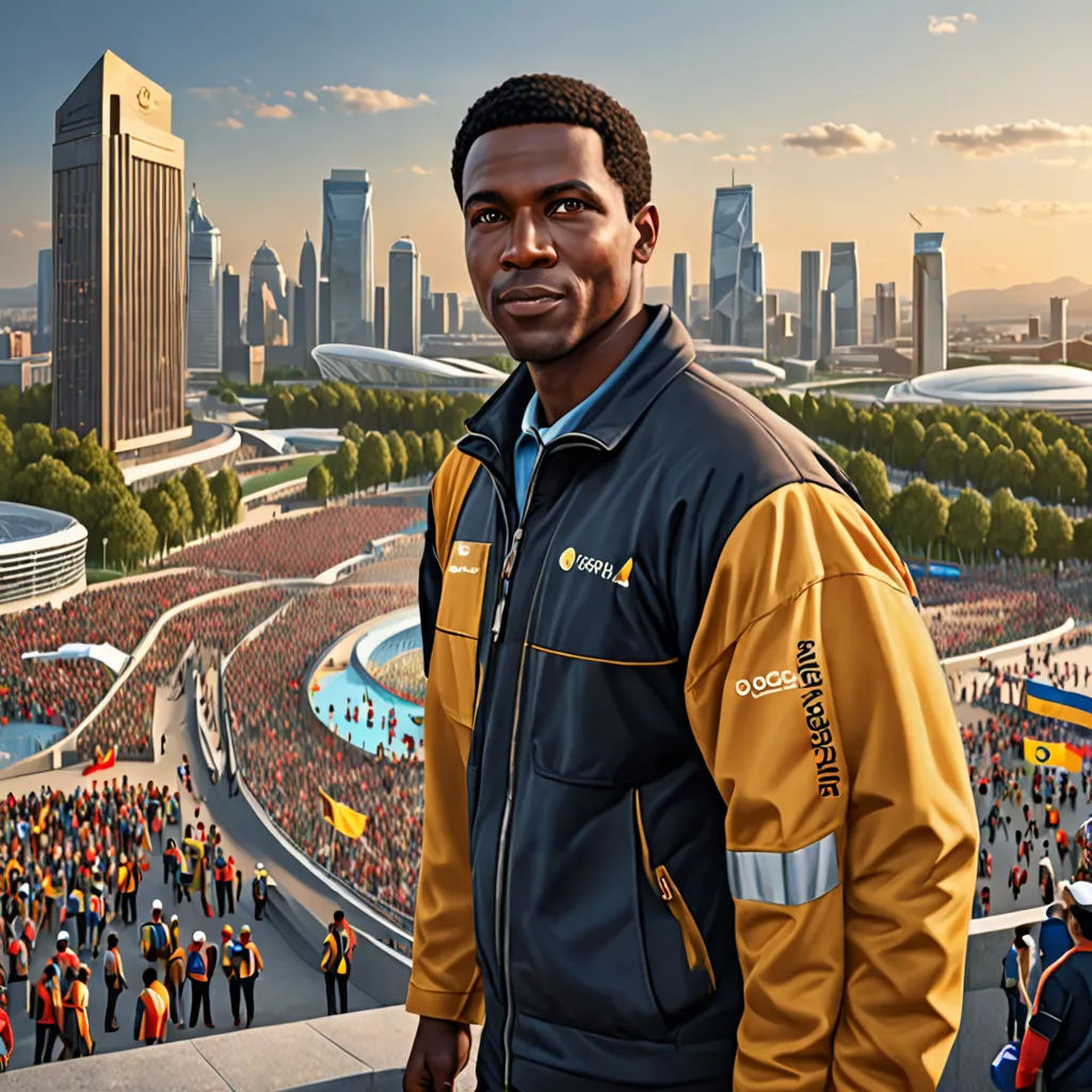 a man standing in front of a crowd of people in a stadium with a city in the background and a stadium full of people, socialist realism, computer graphics, Chris LaBrooy, ultra realistic digital art