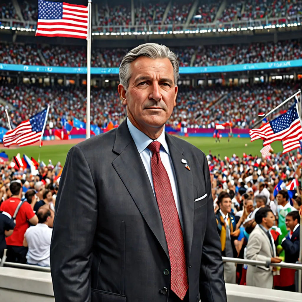 a man in a suit and tie standing in front of a stadium full of people with american flags in the background, precisionism, a photo, Bernie D’Andrea, rutkowski
