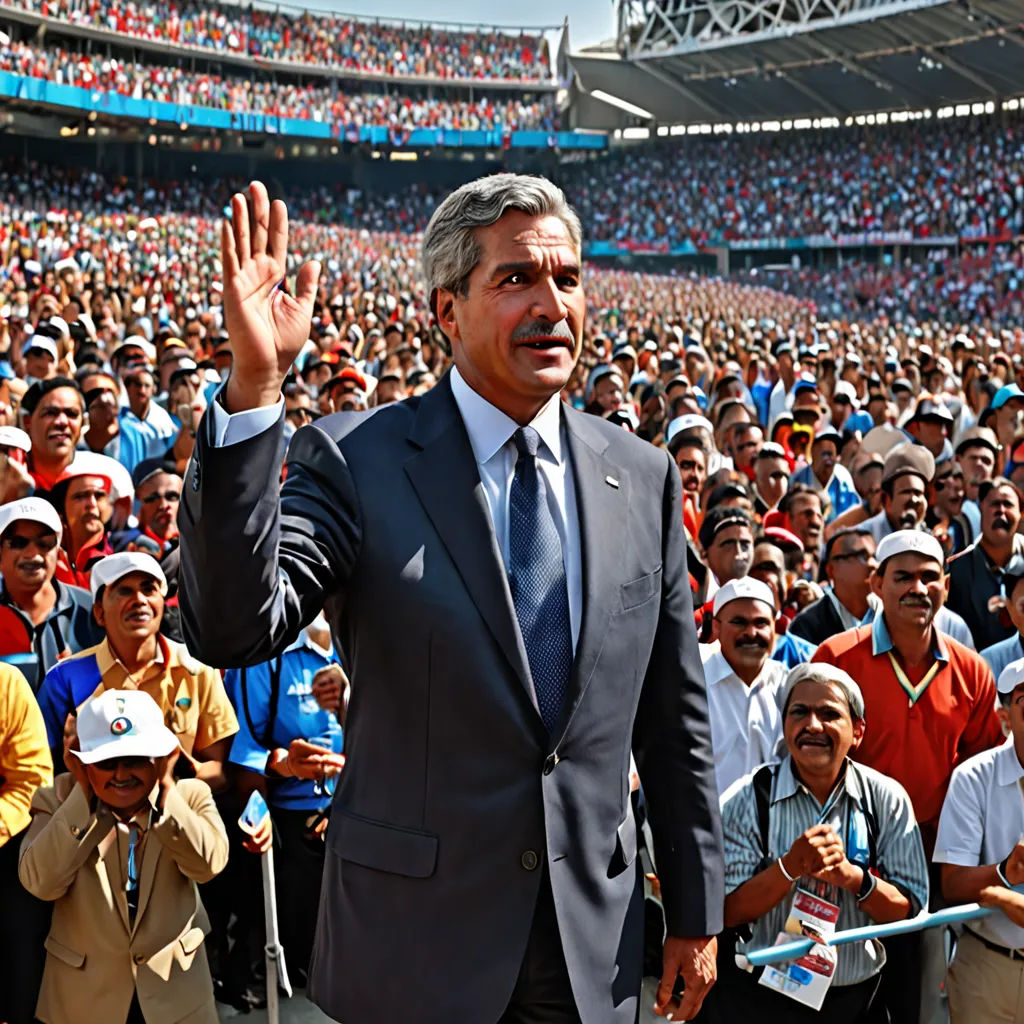 a man in a suit and tie standing in front of a crowd of people at a stadium with his hand up, precisionism, a microscopic photo, Americo Makk, adobe photoshop