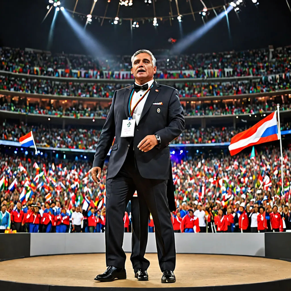 a man in a suit standing on a stage in front of a crowd of people in a stadium with a flag, assemblage, a photo, Carlos Francisco Chang Marín, ignacio fernandez rios