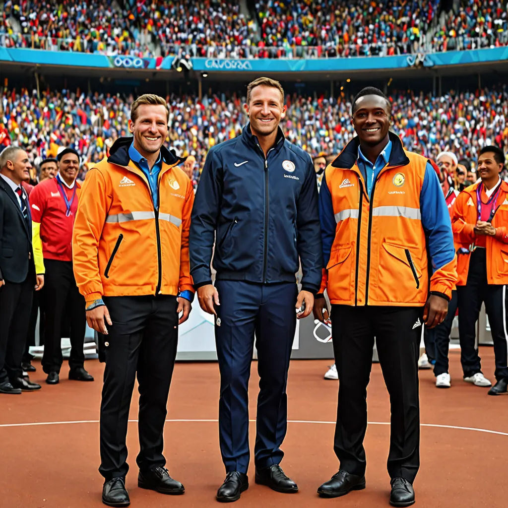 three men standing on a tennis court in front of a crowd of people in orange jackets and blue pants, quito school, a picture, Fabien Charuau, official media