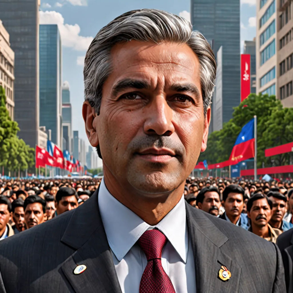 a man in a suit and tie standing in front of a crowd of people in a city square with tall buildings, photorealism, a hyperrealistic painting, David Park, vfx