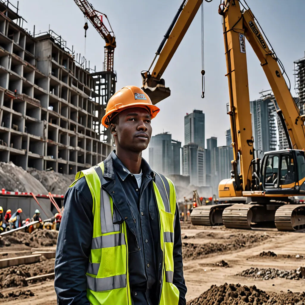 a man in a construction site with a crane in the background and a building under construction in the background, socialist realism, a stock photo, Ben Enwonwu, behance hd