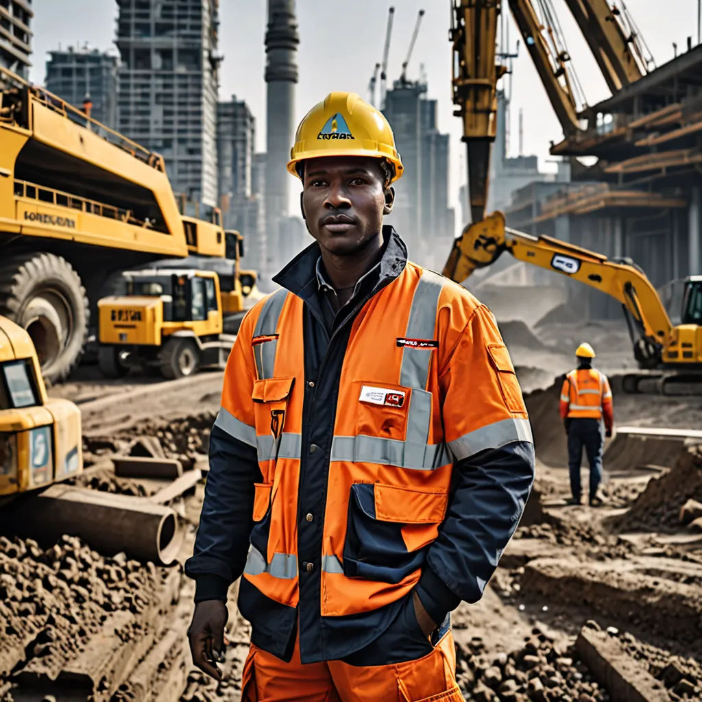 a man in an orange safety vest standing in front of construction equipment in a city setting with a crane in the background, socialist realism, a stock photo, Eric de Kolb, portrait photography