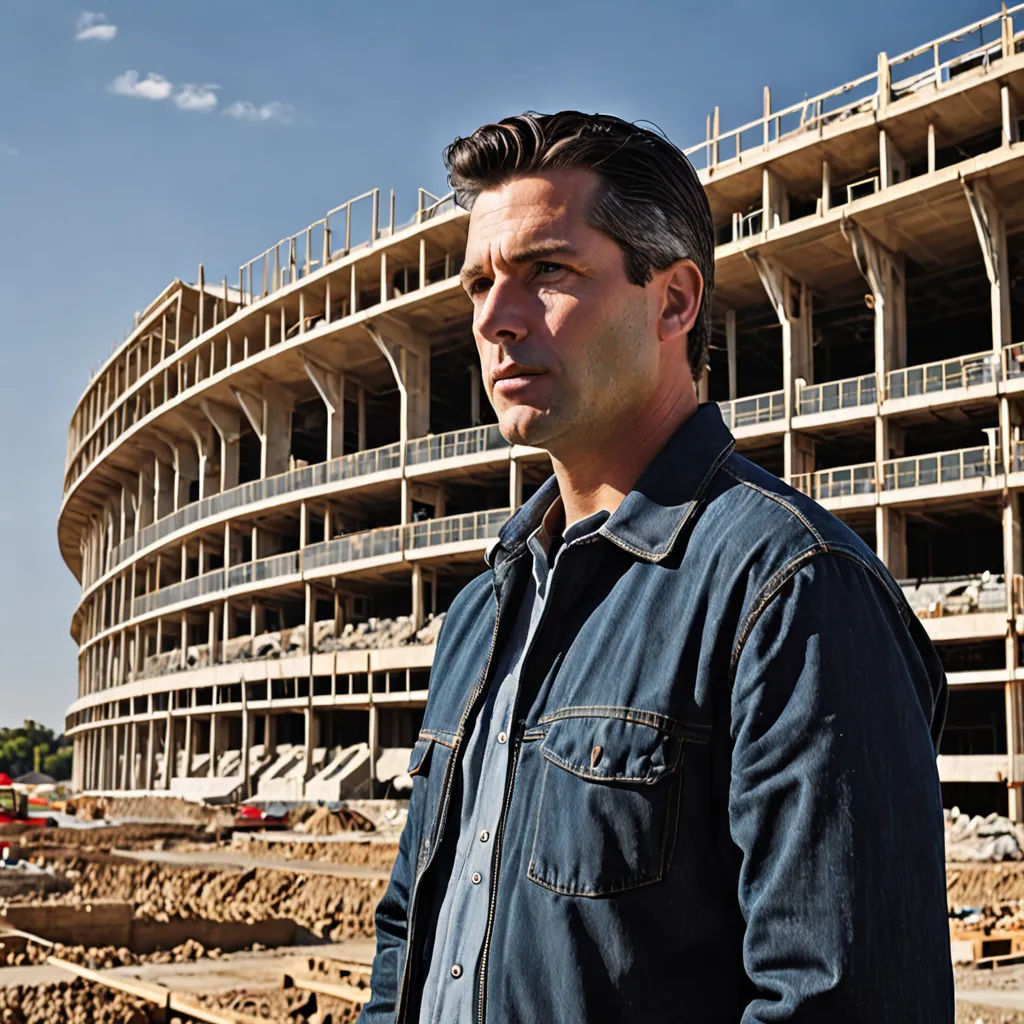 a man standing in front of a building under construction with a sky background and a few clouds in the sky, precisionism, a character portrait, Dan Scott, promotional image
