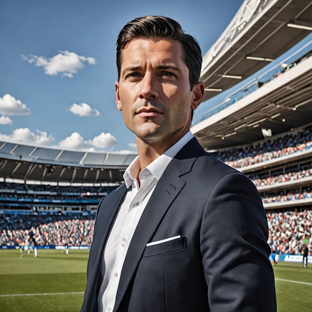 a man in a suit standing in front of a stadium full of people and a soccer field with a sky background, new objectivity, a character portrait, Adam Willaerts, promotional image