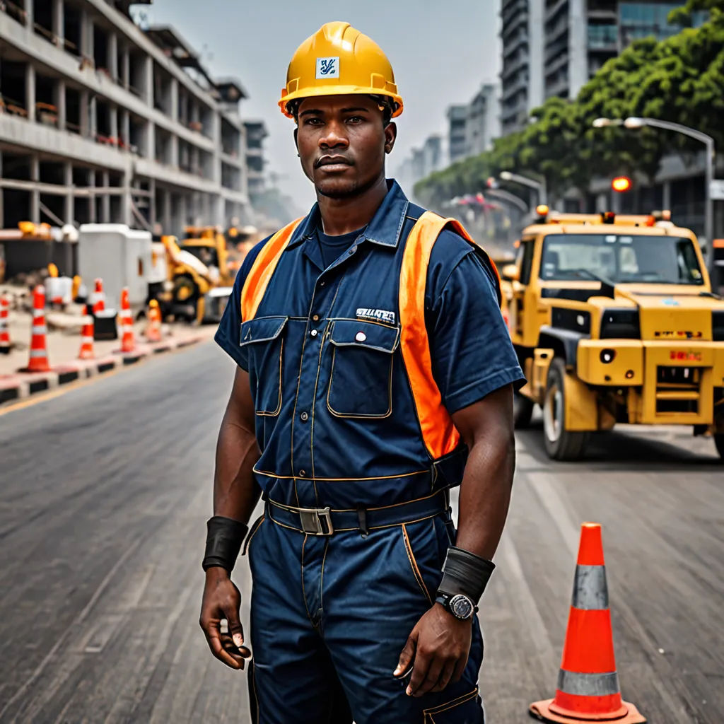 a construction worker standing in the middle of a road with construction equipment in the background and a construction worker standing in the middle of the road, hyperrealism, a stock photo, Christian Hilfgott Brand, behance hd