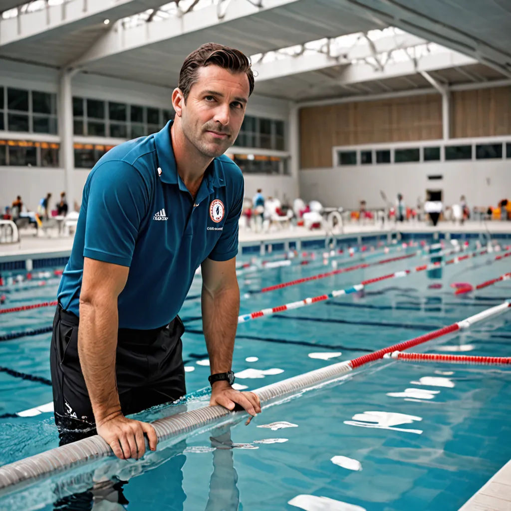 a man standing on a pole in a swimming pool with a pool of water in the background and people in the background, quito school, a character portrait, André Castro, david lazar