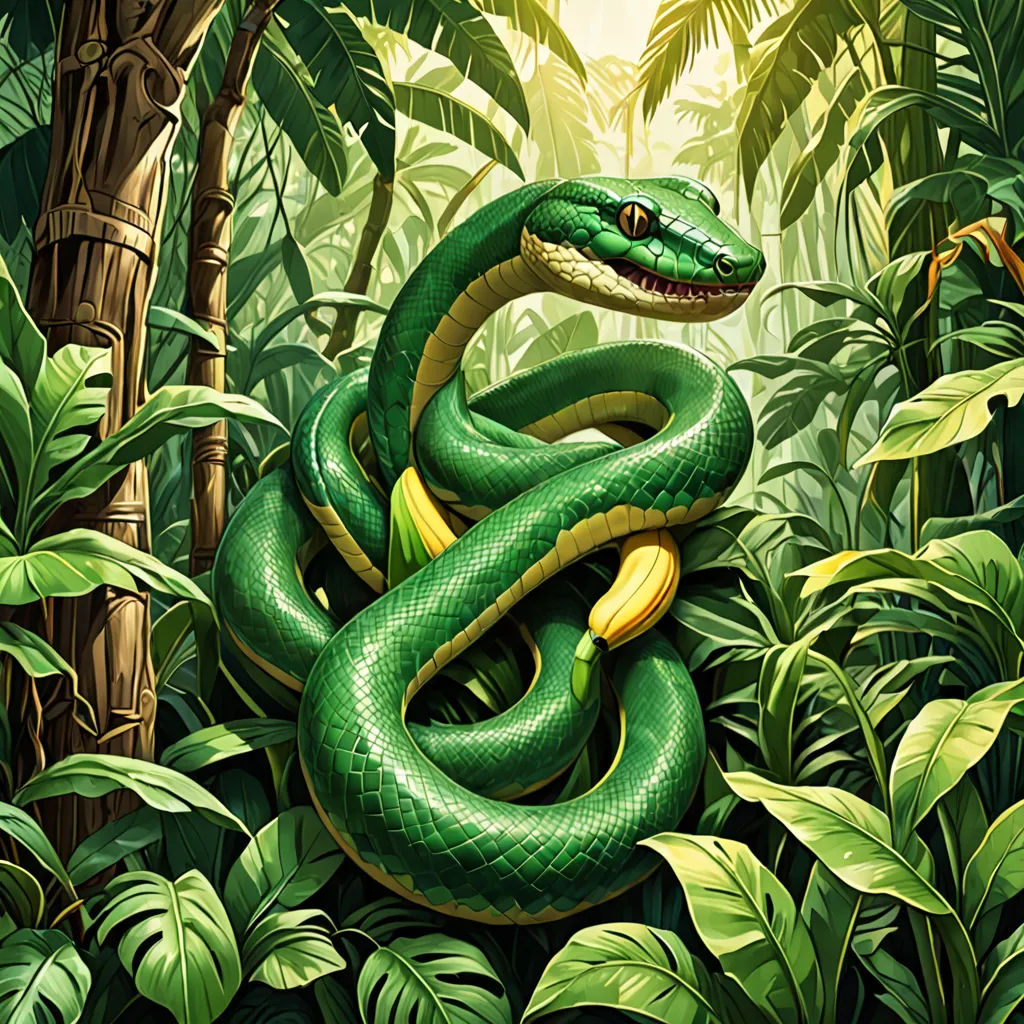 a green snake is curled up in the jungle with a banana on its back and a banana on its head, Chris LaBrooy, cobra, an illustration of, highly detailed digital painting