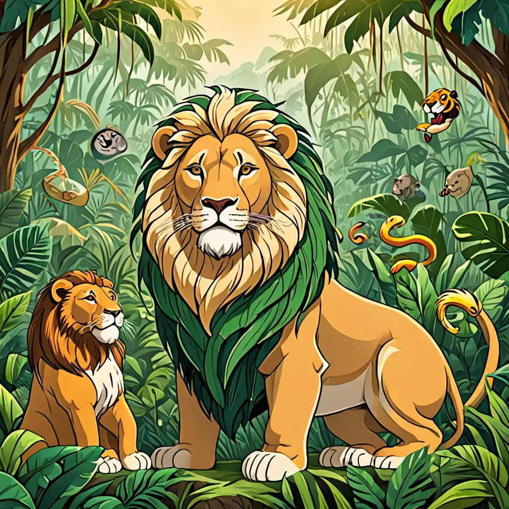 a lion and a lioness in a jungle with a snake and snake on the ground behind them, and a jungle background, Chris LaBrooy, lyco art, a storybook illustration, jungle