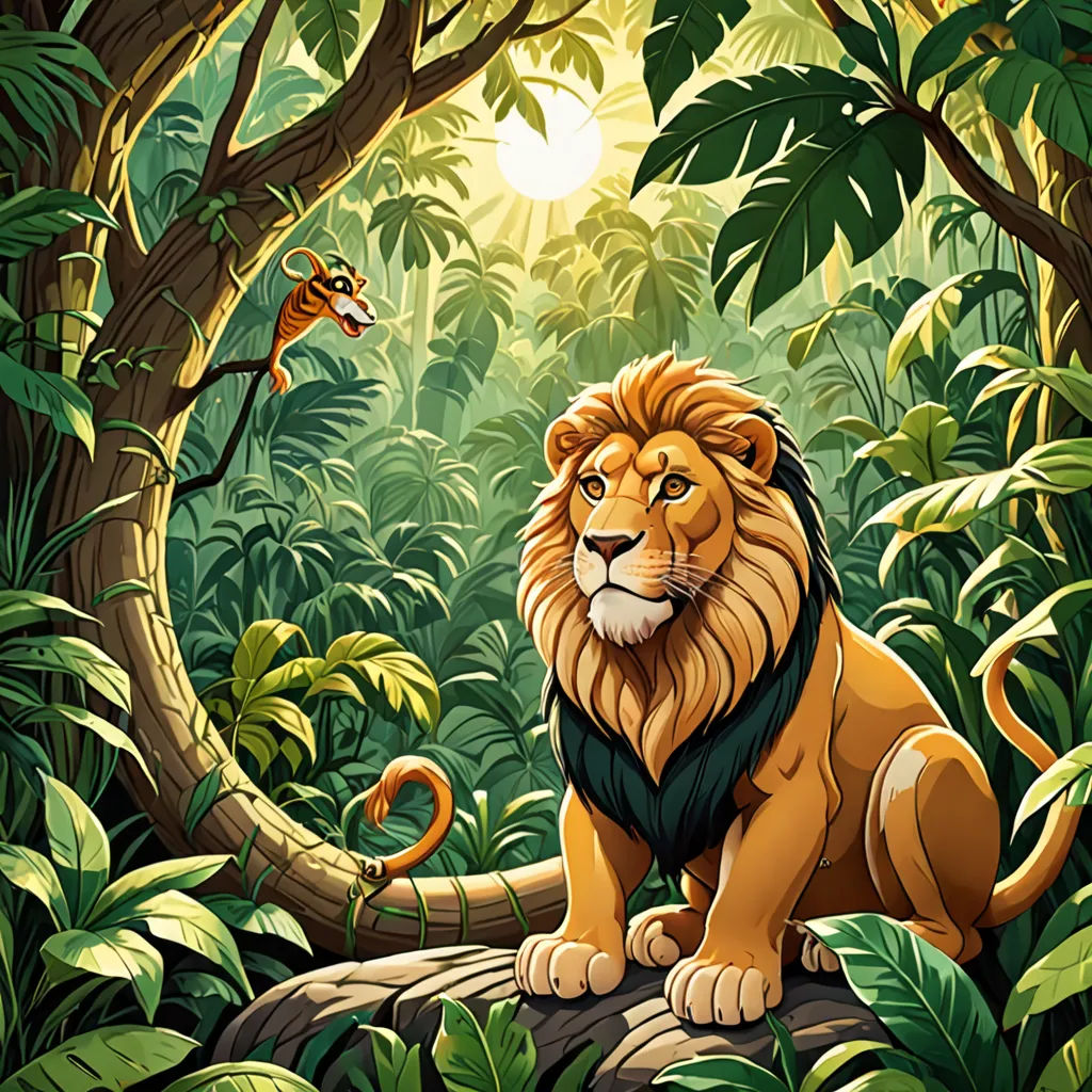 a lion sitting in the middle of a jungle with a giraffe in the background and a giraffe in the foreground, Chris LaBrooy, fantasy art, a storybook illustration, jungle