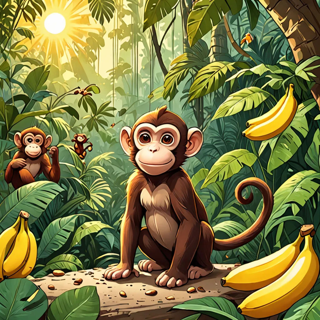 a monkey sitting on a log in a jungle with bananas and other plants around it and a sun shining in the background, Chris LaBrooy, primitivism, a storybook illustration, jungle