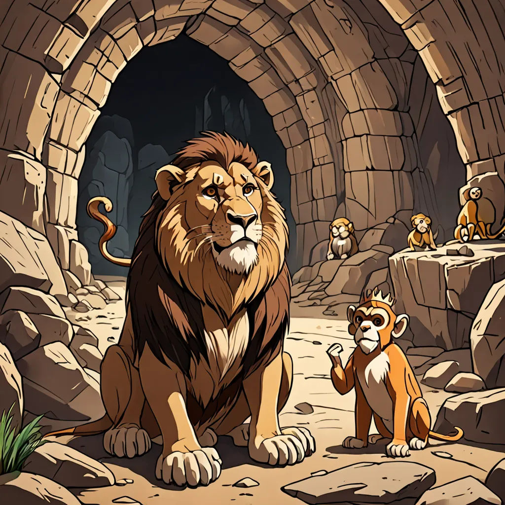 a lion and a monkey are sitting in a cave with a stone wall and a stone archway with a door, Diego Gisbert Llorens, fantasy art, a storybook illustration, 2 d game art