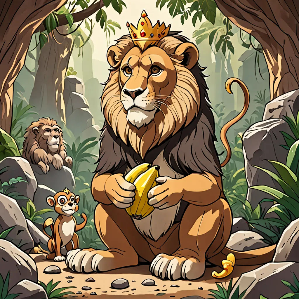 a lion with a crown sitting on a rock next to a monkey and a banana peel in a jungle, Chris LaBrooy, sots art, a character portrait, jungle