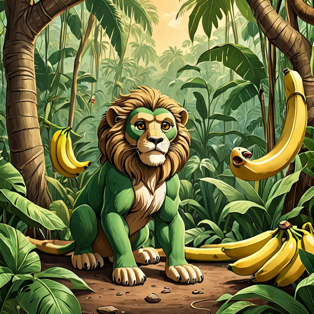 a lion sitting in the middle of a jungle with bananas on the ground and a banana tree in the background, Chris LaBrooy, pop surrealism, a character portrait, jungle