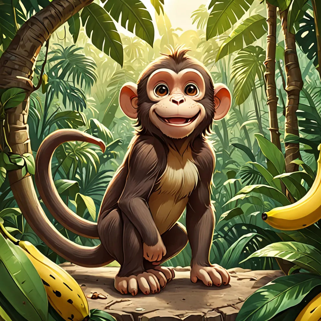 a monkey sitting on a tree branch in a jungle with bananas and a banana tree in the background,, Chris LaBrooy, primitivism, a character portrait, rossdraws global illumination