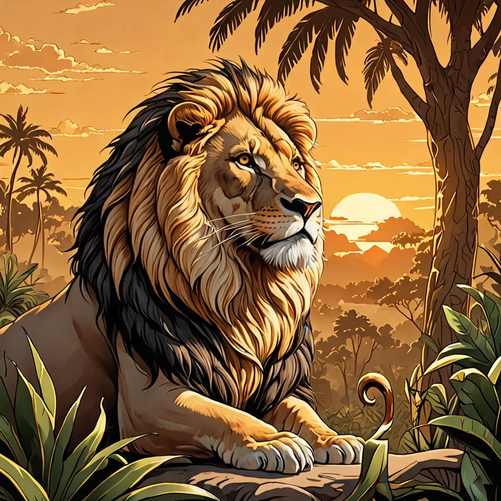 a lion sitting on a rock in the jungle at sunset with palm trees and a sunset in the background, Chris LaBrooy, fantasy art, an airbrush painting, highly detailed digital painting