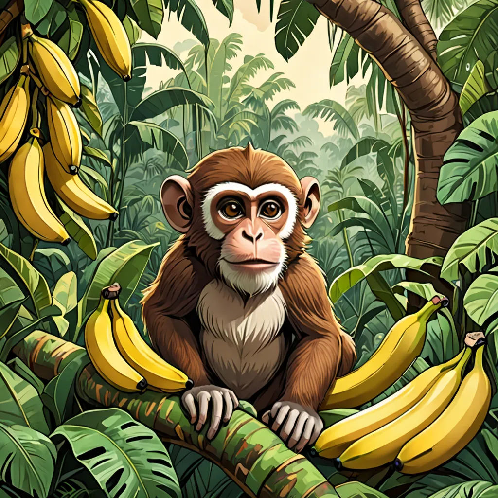 a monkey sitting in a tree with bananas on it's branch and a banana tree in the background, Chris LaBrooy, primitivism, a character portrait, highly detailed digital painting