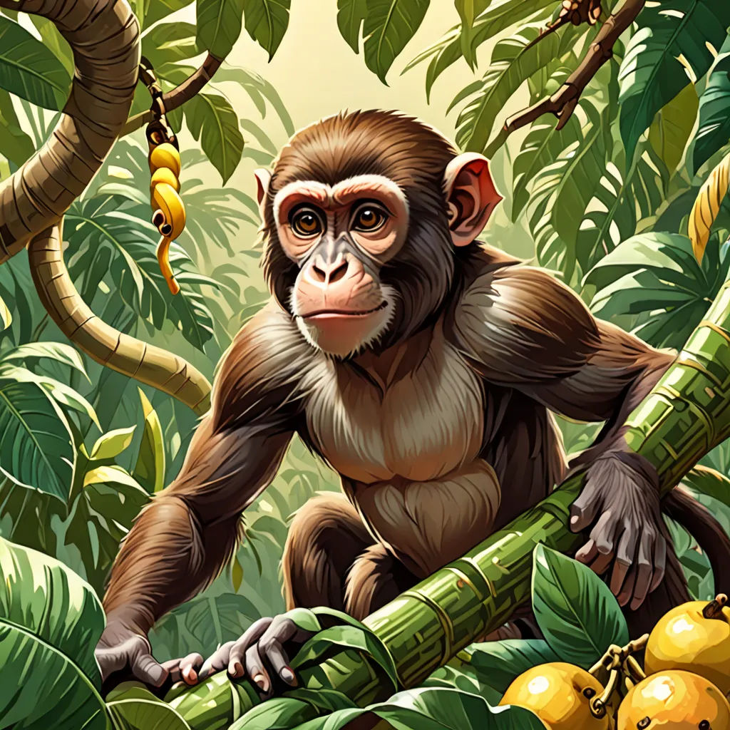 a monkey is holding a bamboo stick in a jungle with bananas and other plants and fruit on the tree, Alex Petruk APe, primitivism, a digital painting, highly detailed digital painting