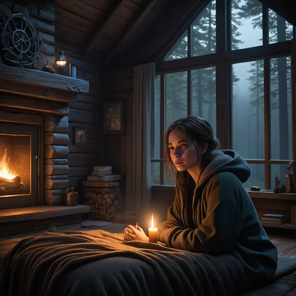 a woman sitting on a bed in front of a fireplace holding a lit candle in her hand and looking at the screen, photorealism, computer graphics, Evgeny Lushpin, photorealistic lighting