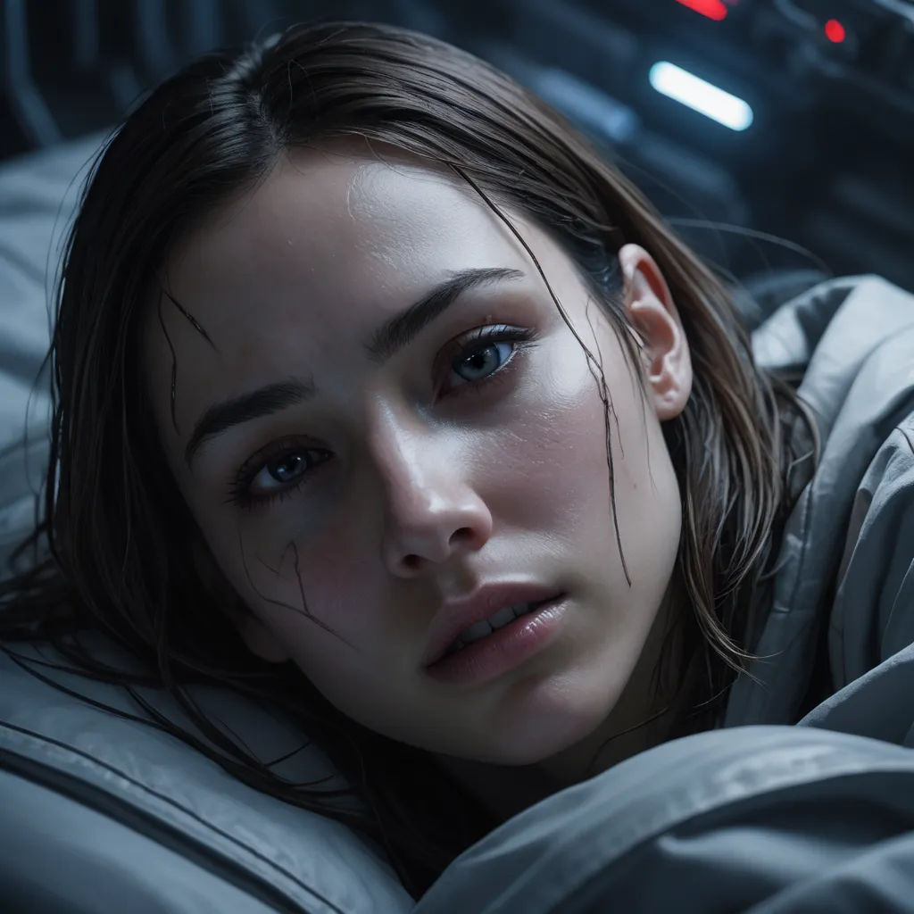 a woman laying down with her eyes closed and her head resting on her pillow, with a red light in the background, photorealism, a photorealistic painting, Cedric Peyravernay, cgstudio