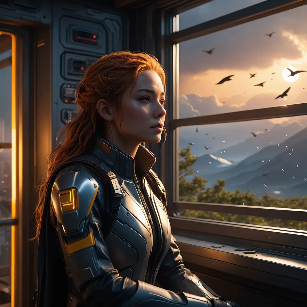 a woman in a futuristic suit looking out a window at birds flying in the sky above her and a mountain range in the background, retrofuturism, computer graphics, Eve Ryder, cgstudio