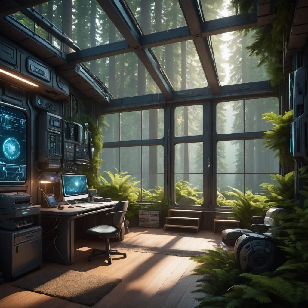 a computer desk sitting in a room with a window and a desk top computer on it's side, photorealism, computer graphics, Chris LaBrooy, unreal 5