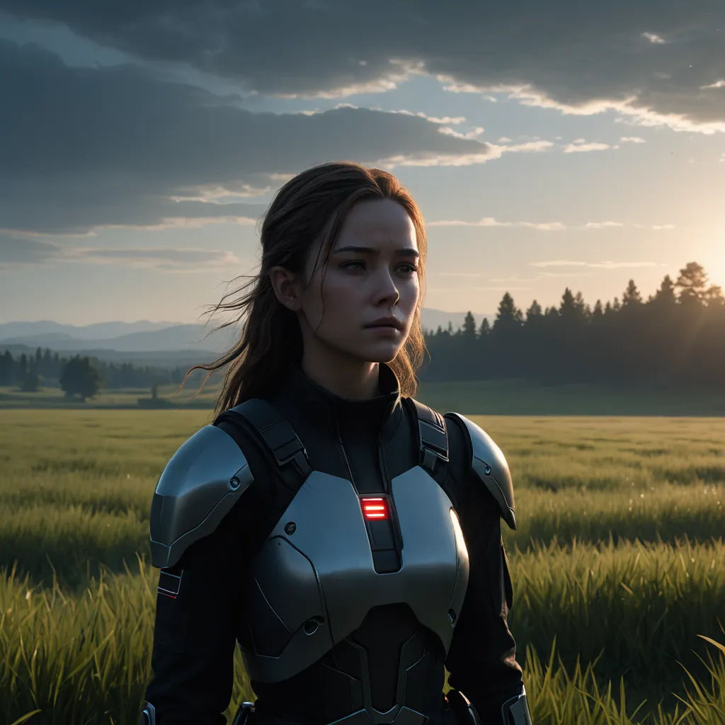 a woman in a futuristic suit standing in a field of grass with the sun behind her and trees in the distance, antipodeans, a detailed matte painting, Eve Ryder, cgstudio