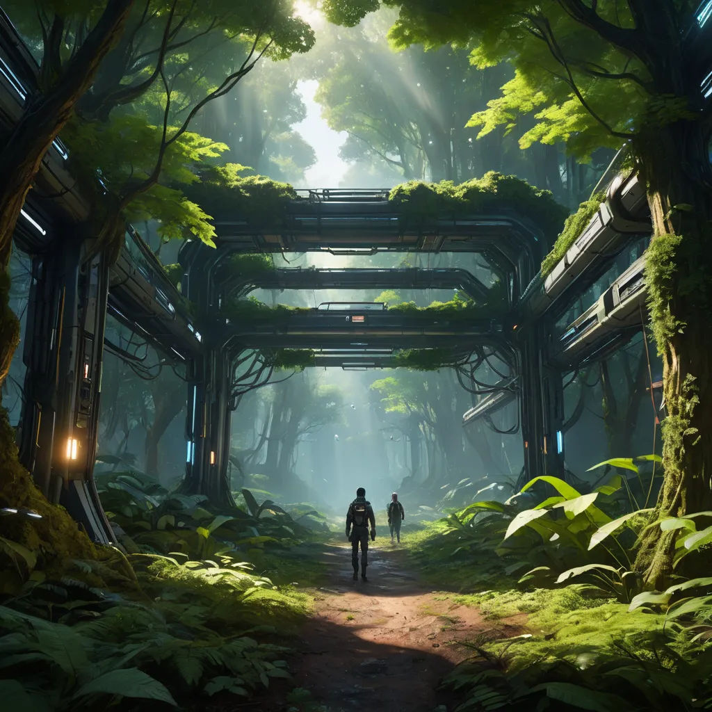a man walking down a dirt road under a bridge in a forest with lots of trees and plants on both sides of the bridge, environmental art, concept art, Eve Ryder, unreal 5
