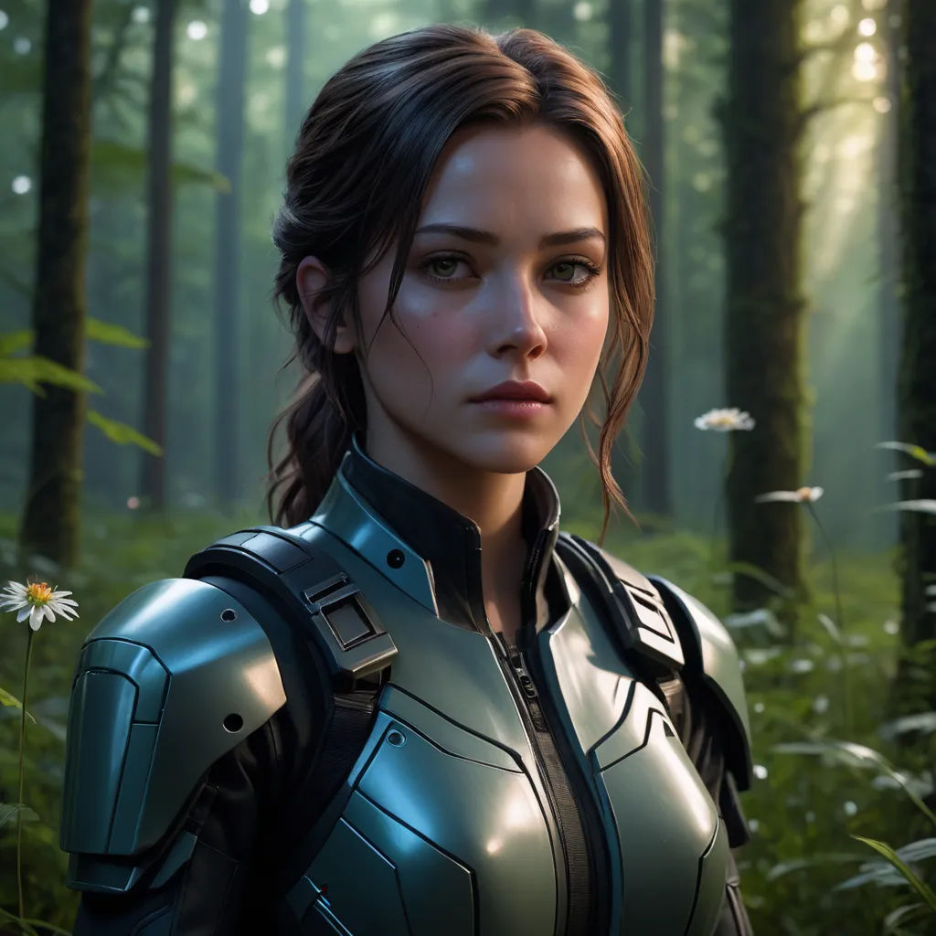 a woman in a futuristic suit standing in a forest with daisies in her hand and looking at the camera, photorealism, computer graphics, Eve Ryder, cgstudio