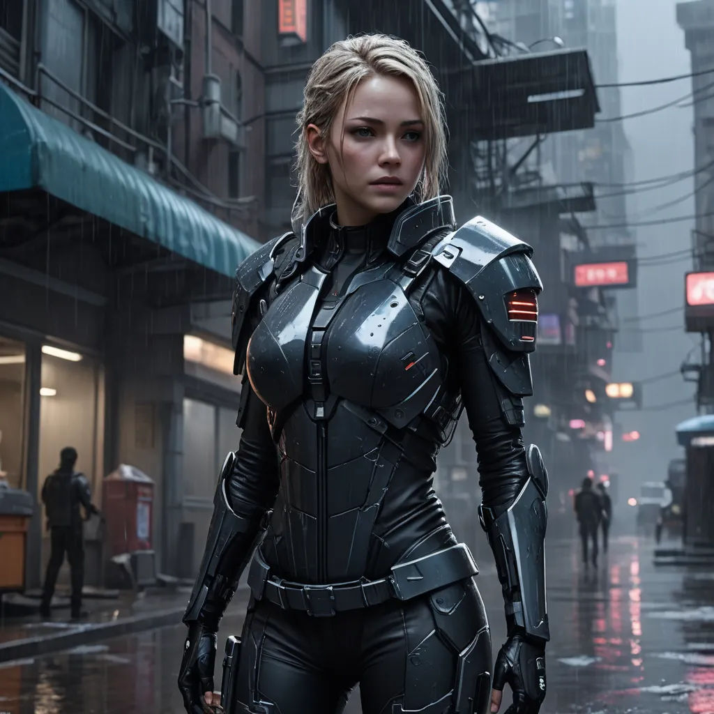 a woman in a futuristic suit standing on a city street in the rain with a gun in her hand, retrofuturism, concept art, Eve Ryder, cgstudio