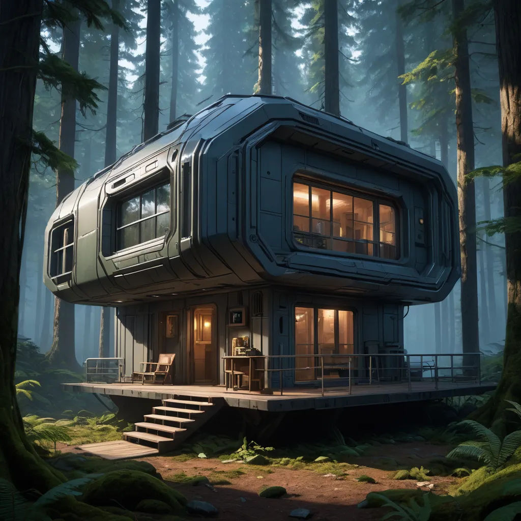 a futuristic house in the middle of a forest with stairs leading to it and a deck leading to the upper level, photorealism, a detailed matte painting, Filip Hodas, unreal 5 render