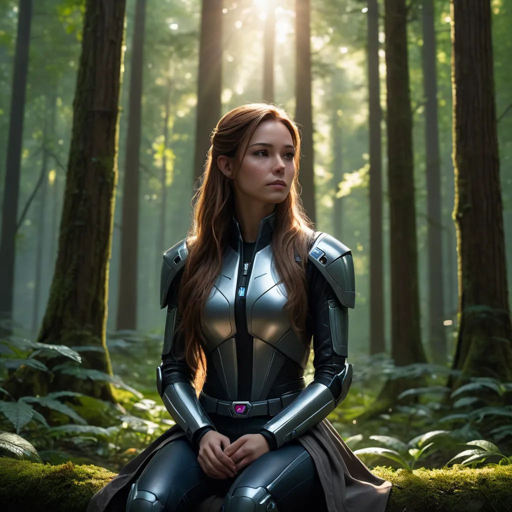 a woman in a suit of armor sitting in the woods with her hands on her knees and looking up, antipodeans, a character portrait, Eve Ryder, promotional image