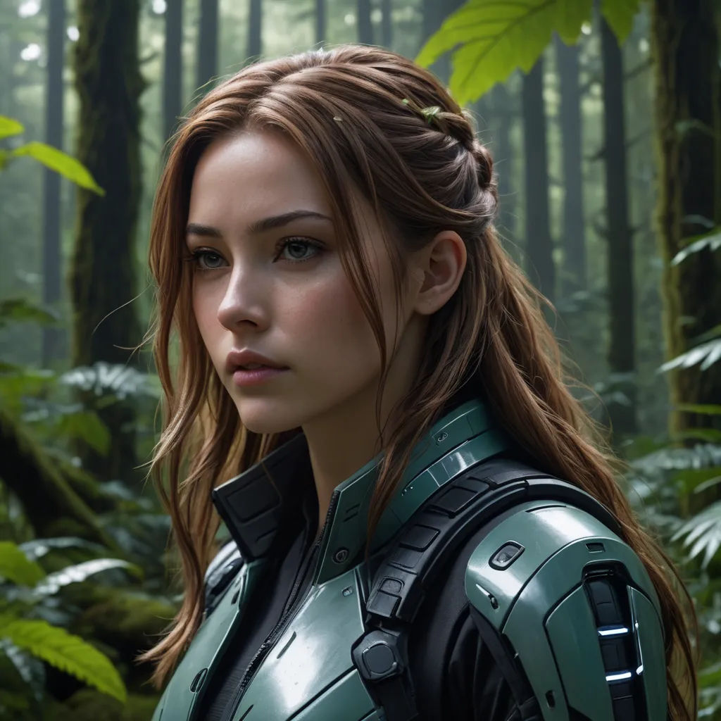 a woman in a green suit standing in a forest with ferns and trees in the background, looking at the camera, antipodeans, a character portrait, Eve Ryder, cgstudio