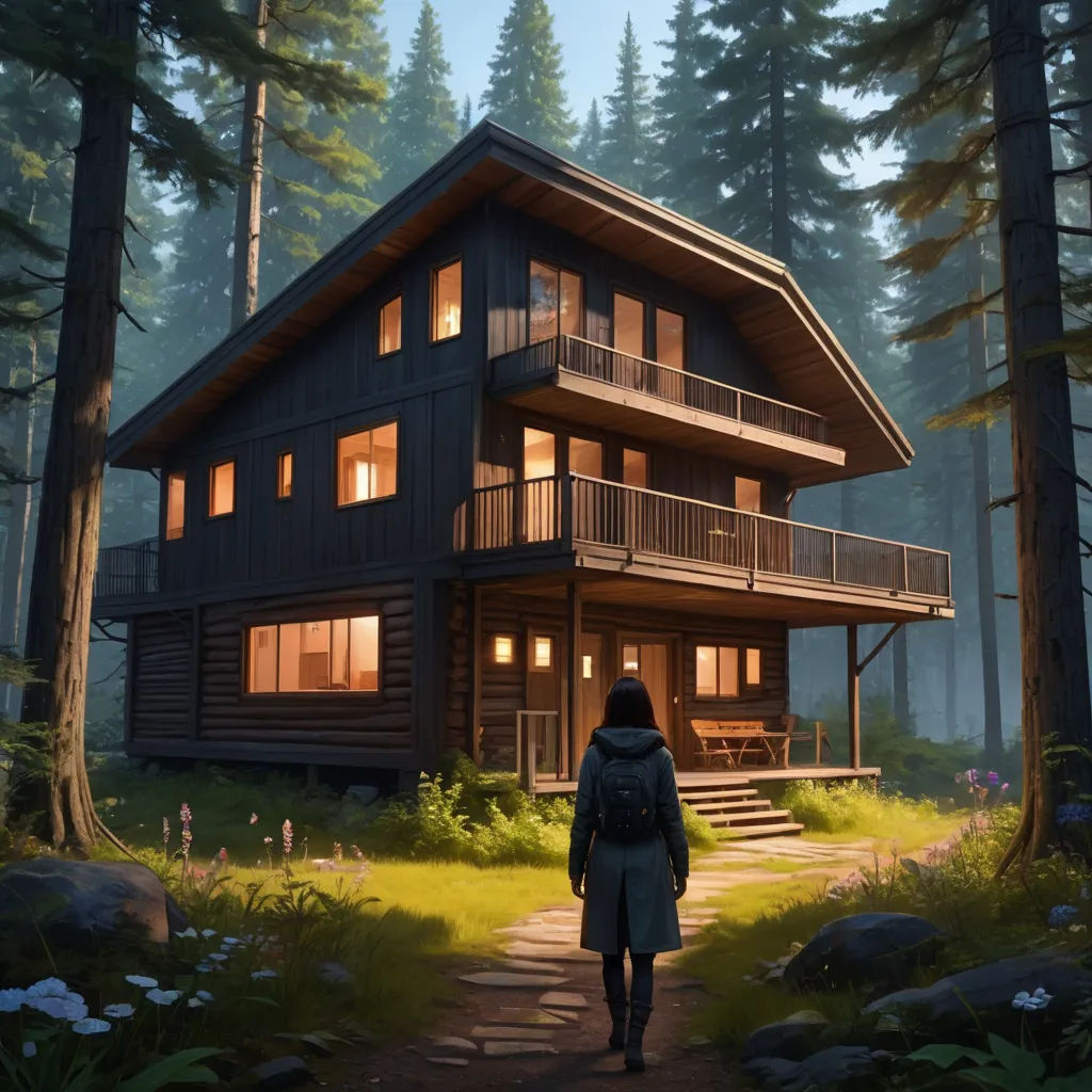 a woman walking towards a cabin in the woods at night with lights on the windows and a porch on the upper level, photorealism, concept art, Atey Ghailan, realistic shaded lighting